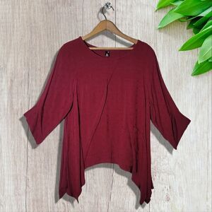 Miting Red Asymmetrical Boho Relaxed Mid Sleeve Textured Blouse